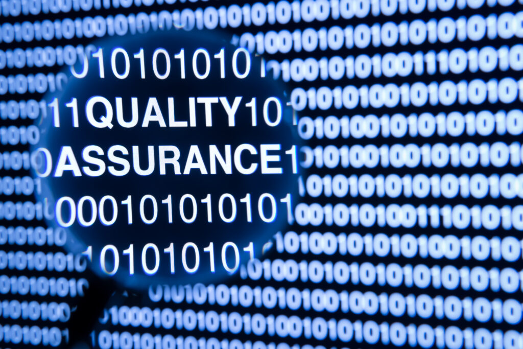 Image of a picture showing the word "quality assurance" in rows of 1's and 0's in resilient technology