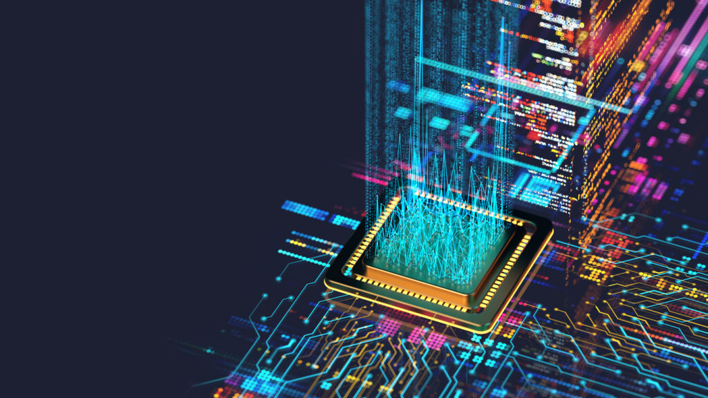 Digital background depicting innovative technologies in Ambient Computing, (AI) artificial systems, neural interfaces and internet machine learning technologies