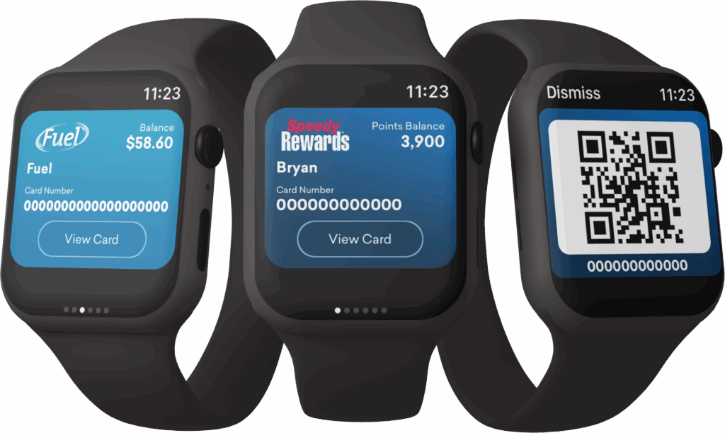 Three watches with different screens showing mobile ecommerce digital wallet