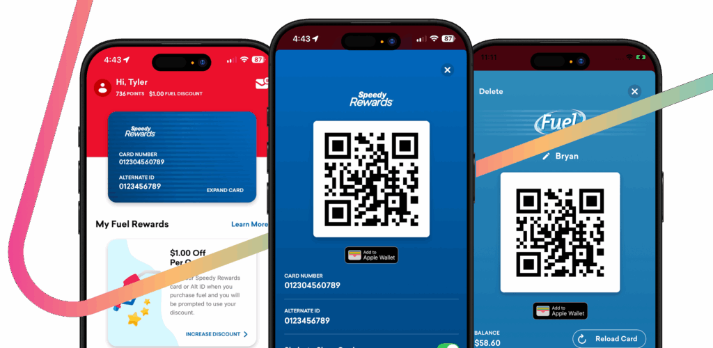 Three mobile ecommerce screens with Speedy Rewards Mobile Wallet