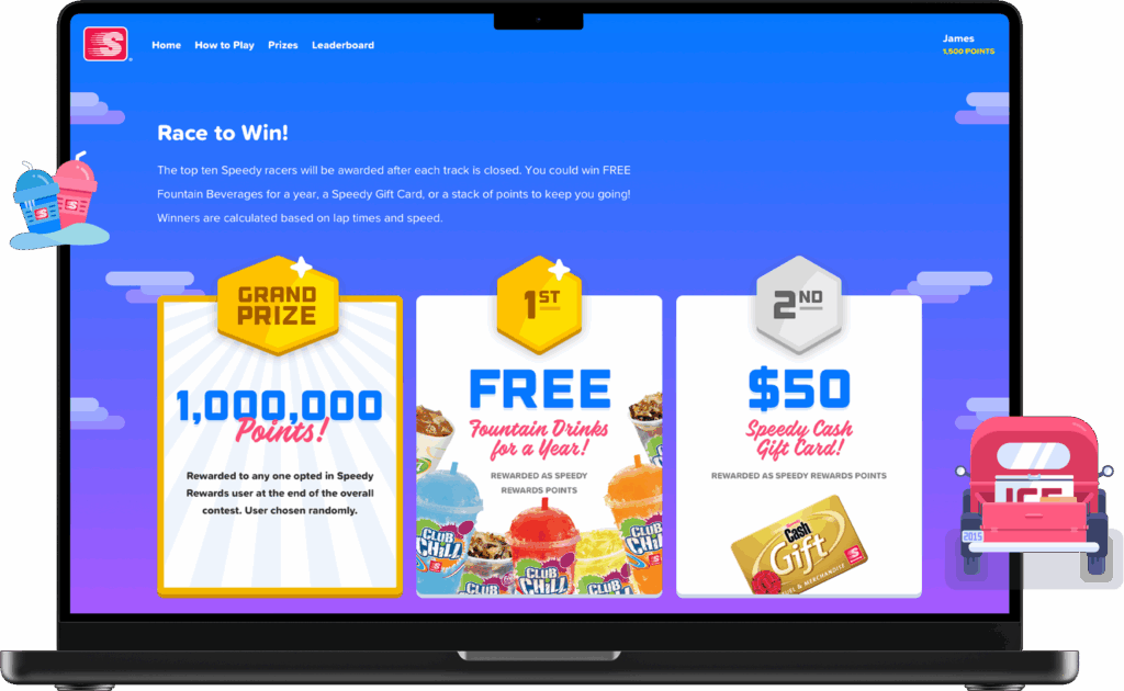 Laptop screen showing three different prizes for competing in the Racing Game