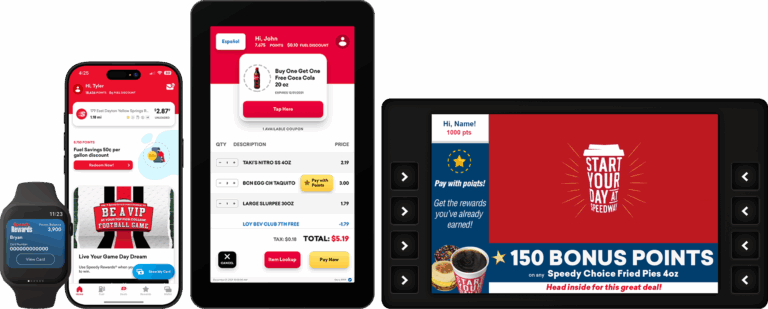 Image Showing a Seamless User Experience Across Omni-Channel, Speedway Platforms: Kiosk, Gas Pump, Mobile Phone, and Apple Watch Image